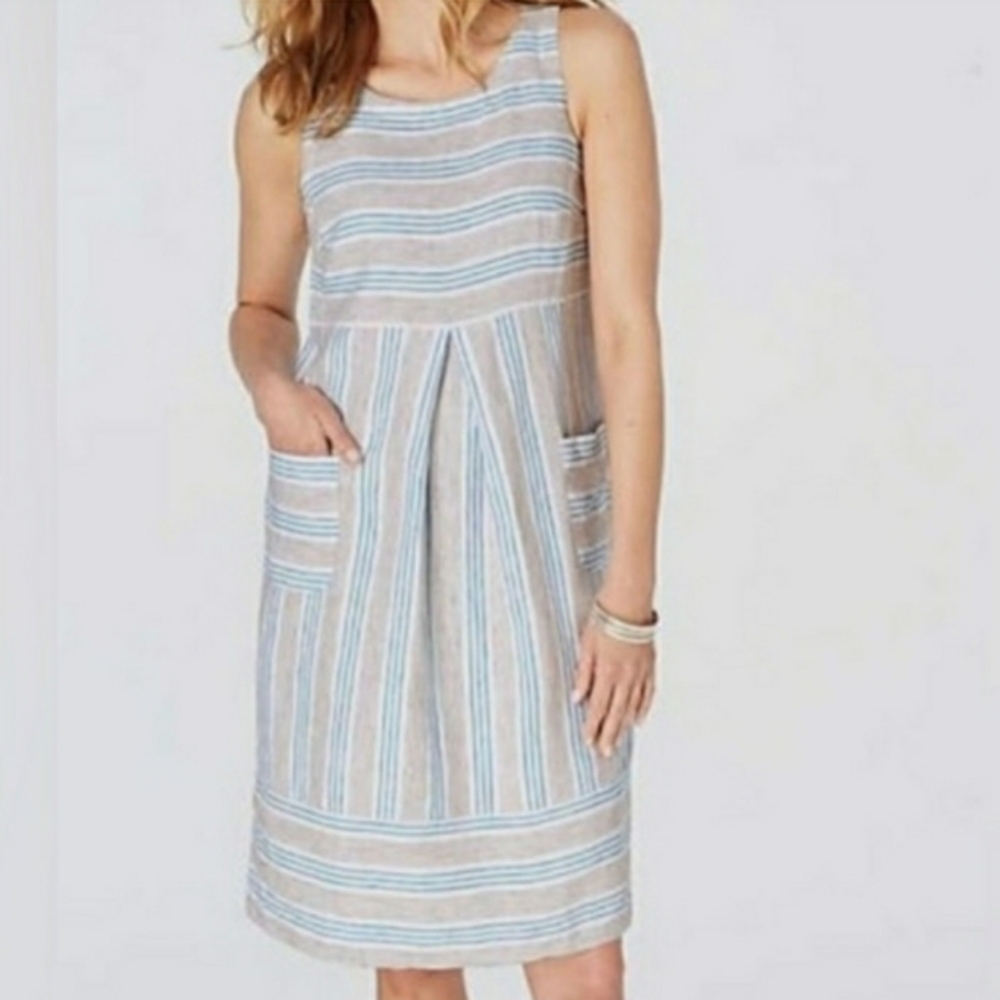 J Jill Love 100% Linen Shift Dress  Size XS Blue White Sleeveless Coastal